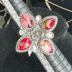 .926 Silver & Red Dahlia Turquoise Ring Four leaf Floral Sz 7